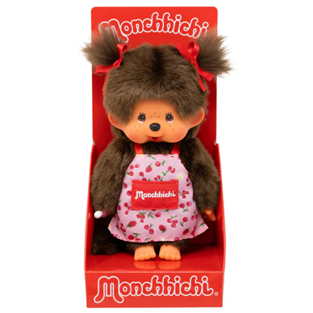 Sekiguchi Monchhichi Girl plush monkey wearing pink cherry apron with red bows in display packaging 8 inches tall