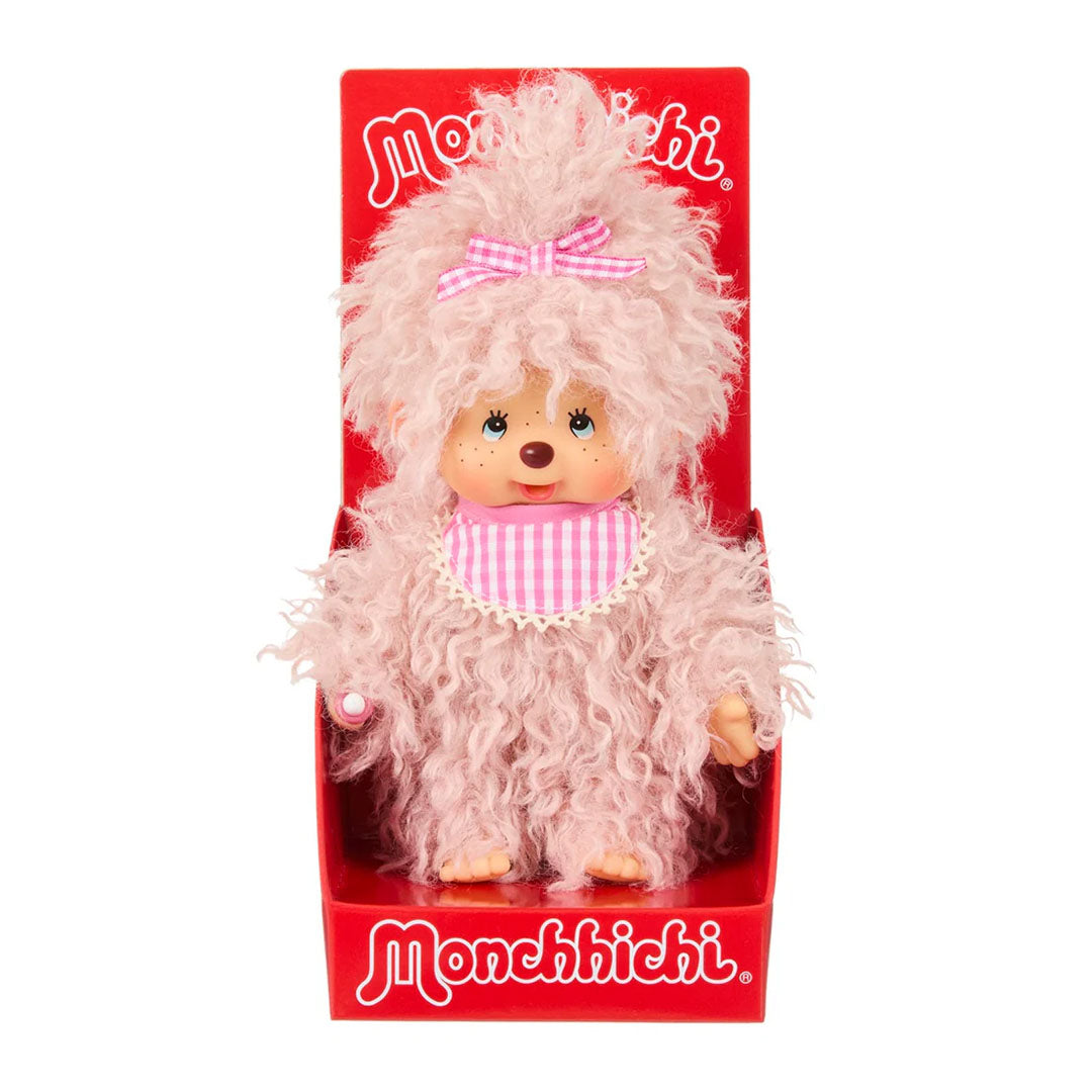 Sekiguchi Monchhichi plush monkey in fluffy pink beige fur with pink gingham bow and bib in branded display box