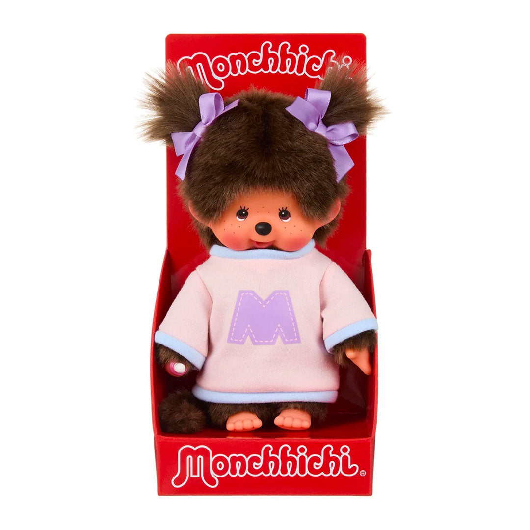 Sekiguchi Monchhichi Girl plush monkey in pink and purple bi-color sweater with bows in hair in red packaging