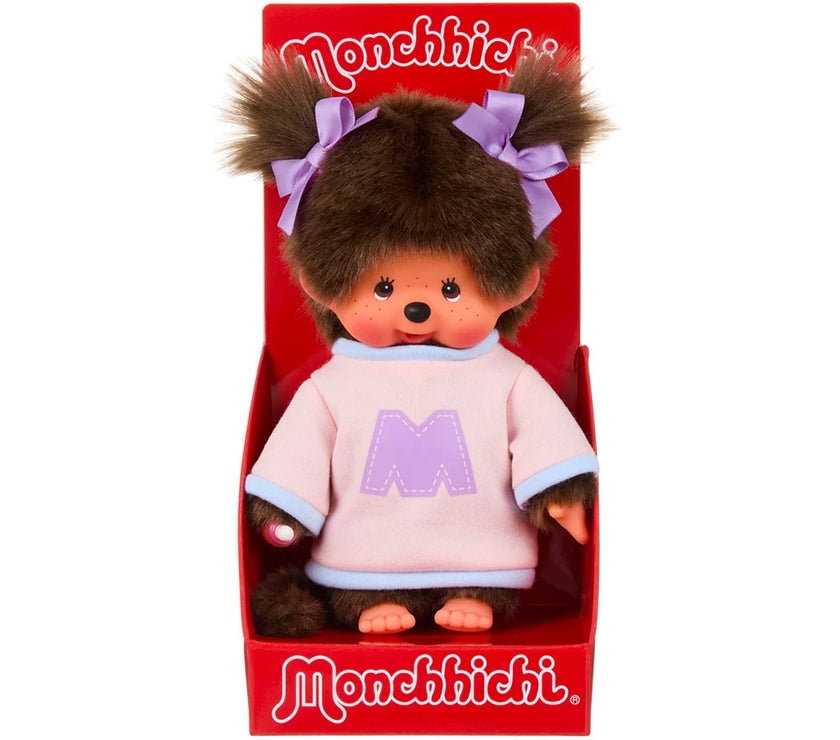 Sekiguchi Monchhichi Girl Pink and Purple "M" Bi-color Sweater Plush 8" Monkey