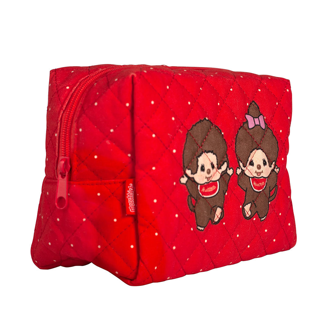 Sekiguchi Monchhichi 7 inch soft quilted red pouch with Boy and Girl characters and zipper closure.