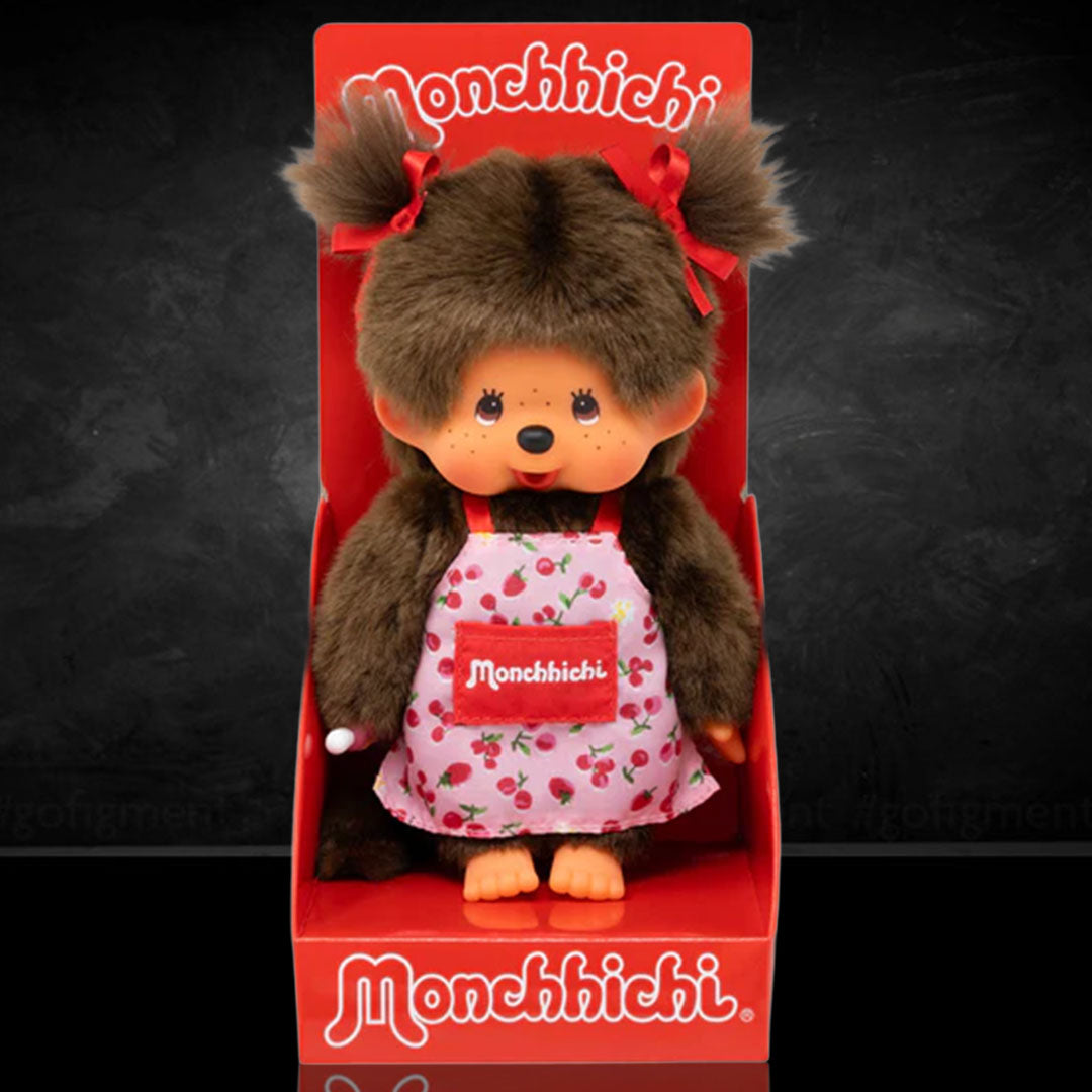 Sekiguchi Monchhichi Girl plush 8 inch monkey doll wearing pink flower apron in branded red display box