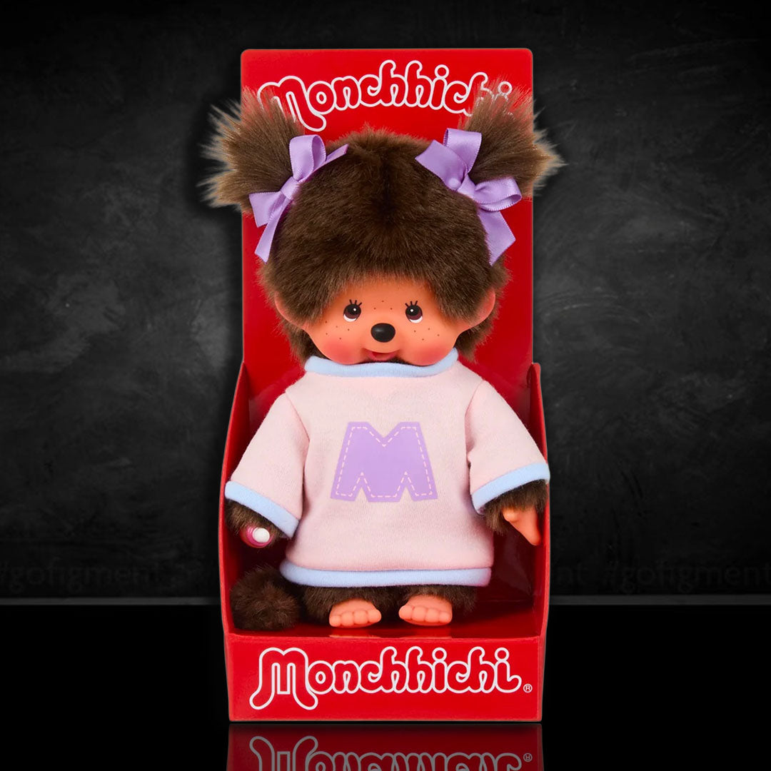 Sekiguchi Monchhichi girl plush monkey in pink and purple "M" bi-color sweater with bows in hair in red packaging