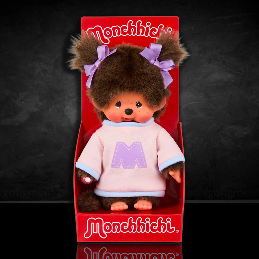 Sekiguchi Monchhichi girl plush monkey in pink and purple "M" bi-color sweater with bows in hair in red packaging