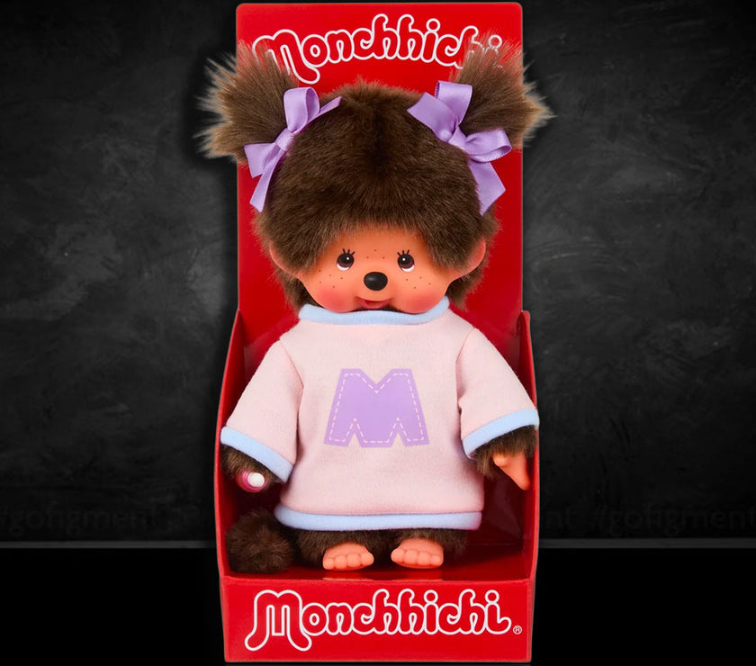 Sekiguchi Monchhichi Girl Pink and Purple "M" Bi-color Sweater Plush 8" Monkey