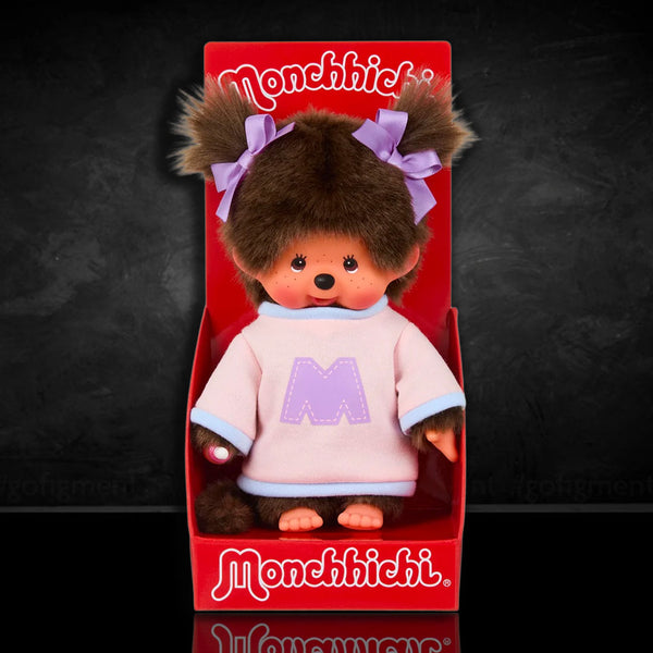 Sekiguchi Monchhichi girl plush monkey in pink and purple "M" bi-color sweater with bows in hair in red packaging