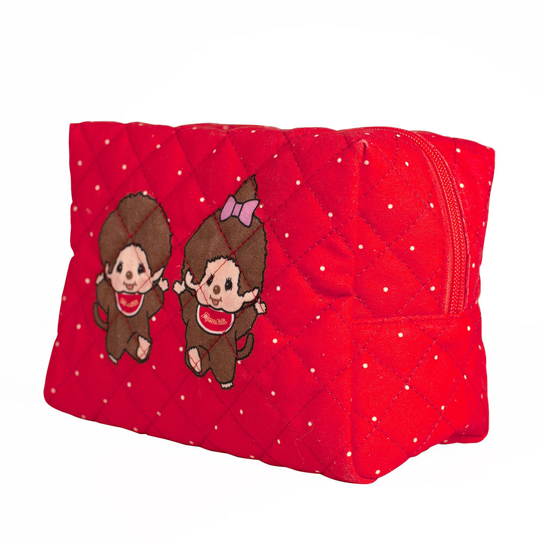 Sekiguchi red quilted pouch featuring Boy and Girl Monchhichi characters with zipper closure and soft fabric design
