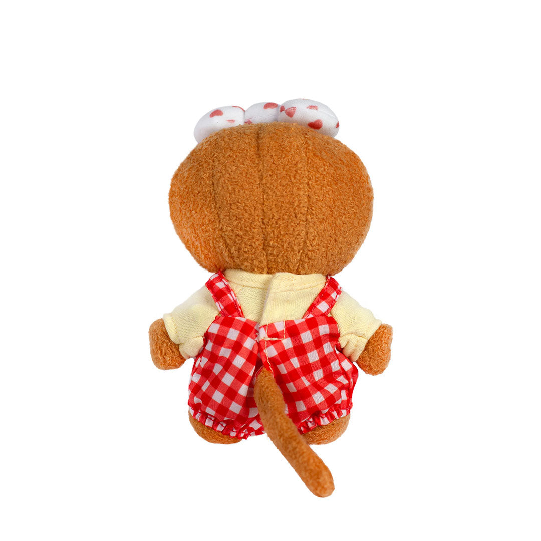 Sekiguchi Palm Size 6 inch Hello Kitty and Monchhichi Cross Over Tammy plush doll rear view with red checkered outfit
