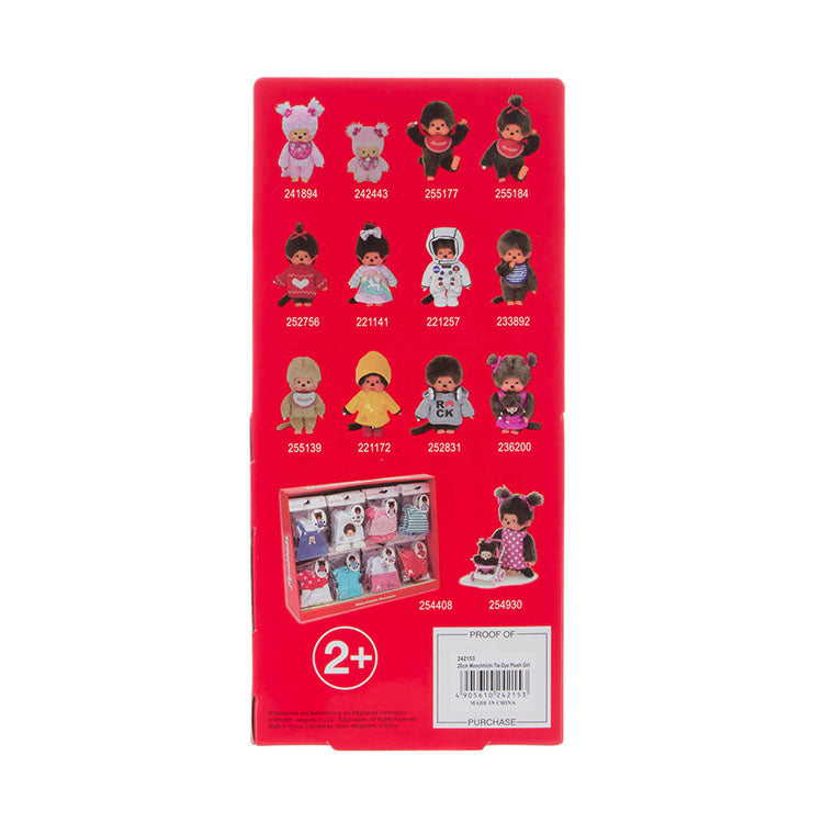 Sekiguchi Monchhichi plush dolls displayed on red packaging with various outfits and styles shown above the product box.