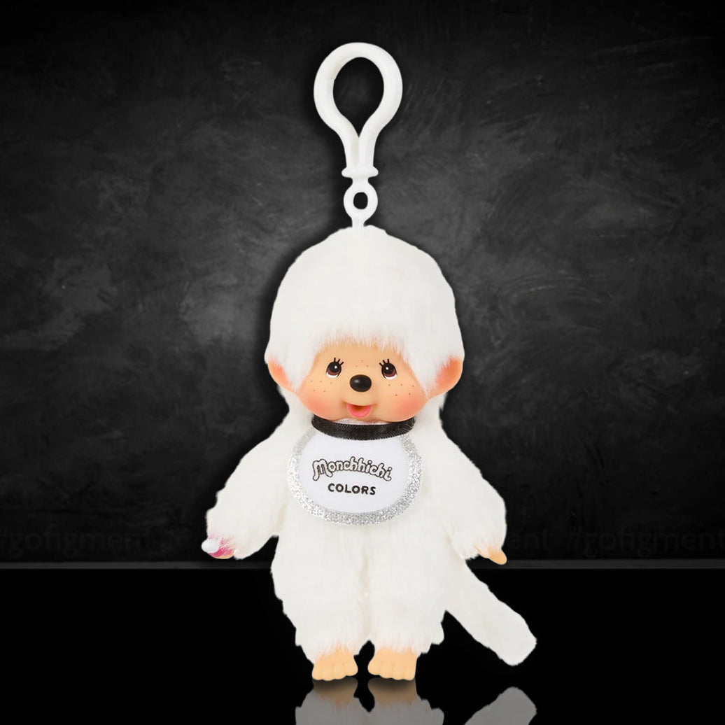 Sekiguchi Monchhichi Boy Colors white plush 6 inch mascot clip with soft fur and bib on black background
