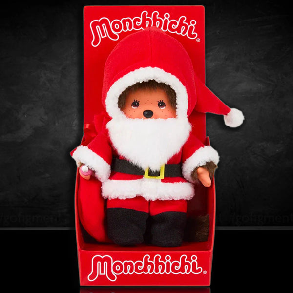 Sekiguchi Monchhichi Boy Santa Claus plush doll wearing red suit with white trim in branded red packaging 8 inch tall
