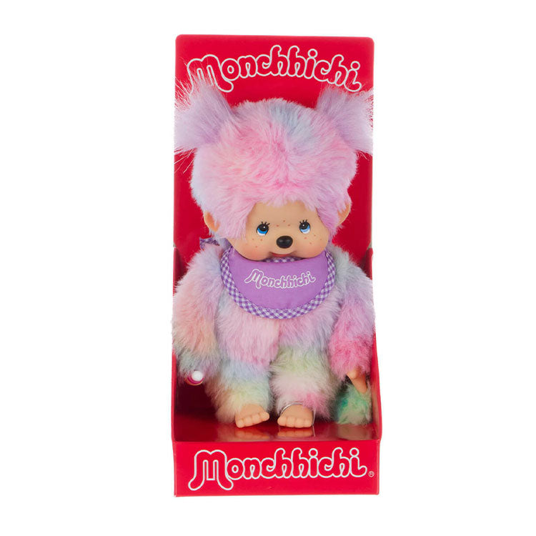 Sekiguchi Monchhichi Tie-Dye Girl Plush Doll in pastel colors with purple bib in red branded packaging
