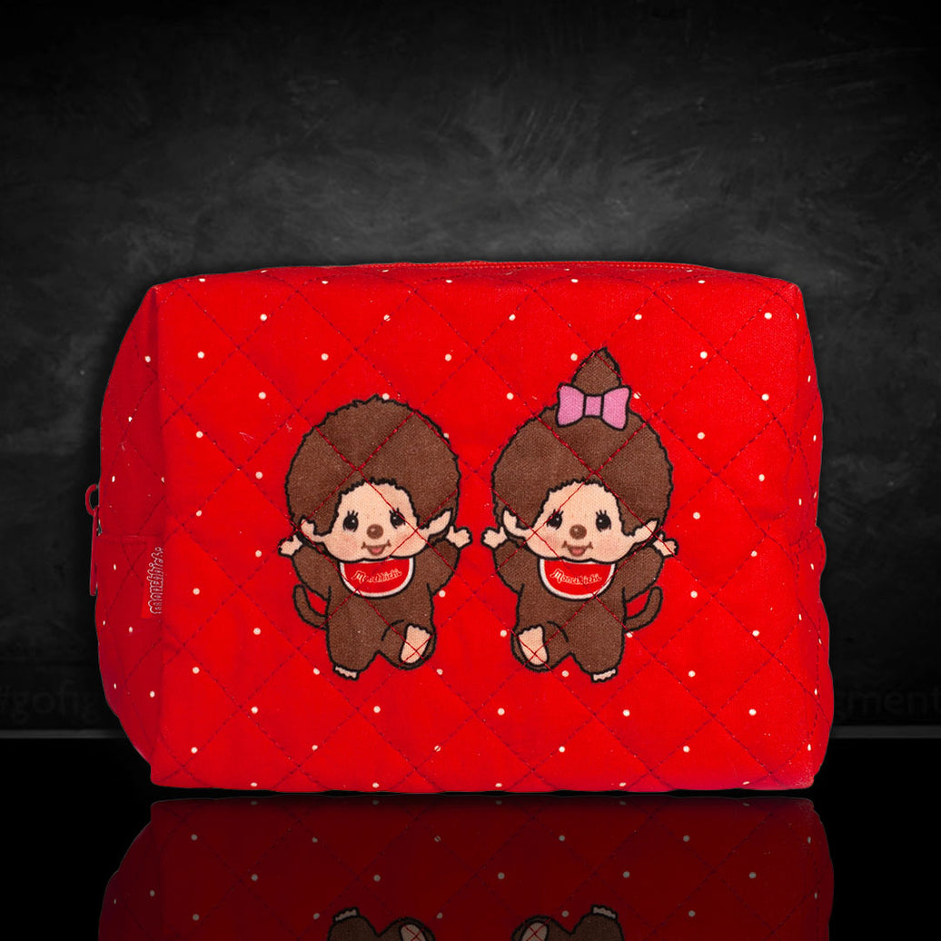 Sekiguchi Monchhichi 7 inch red quilted pouch featuring Boy and Girl characters with soft fabric design