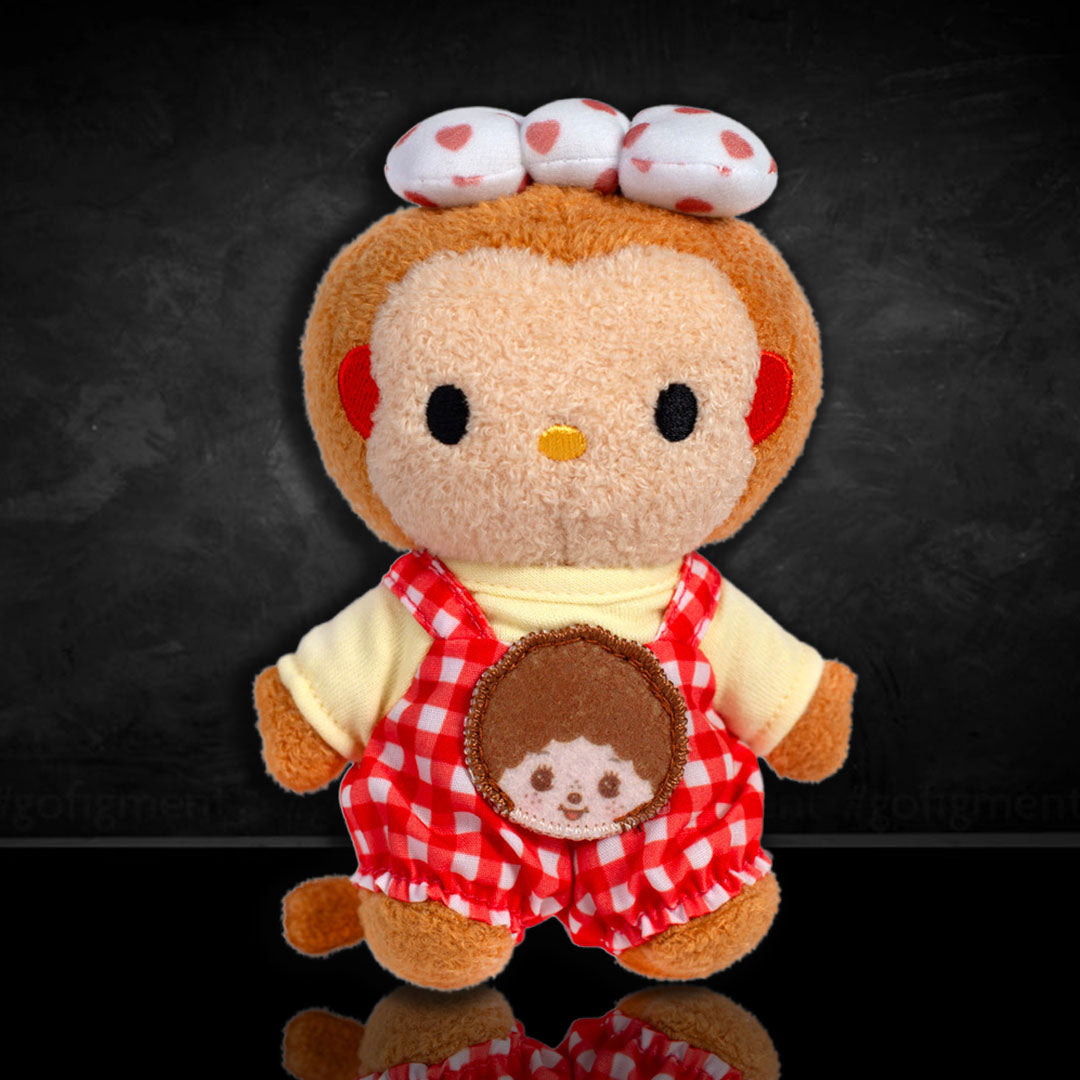 Sekiguchi Palm Size 6 inch Hello Kitty and Monchhichi Cross Over Tammy plush doll with red checkered outfit