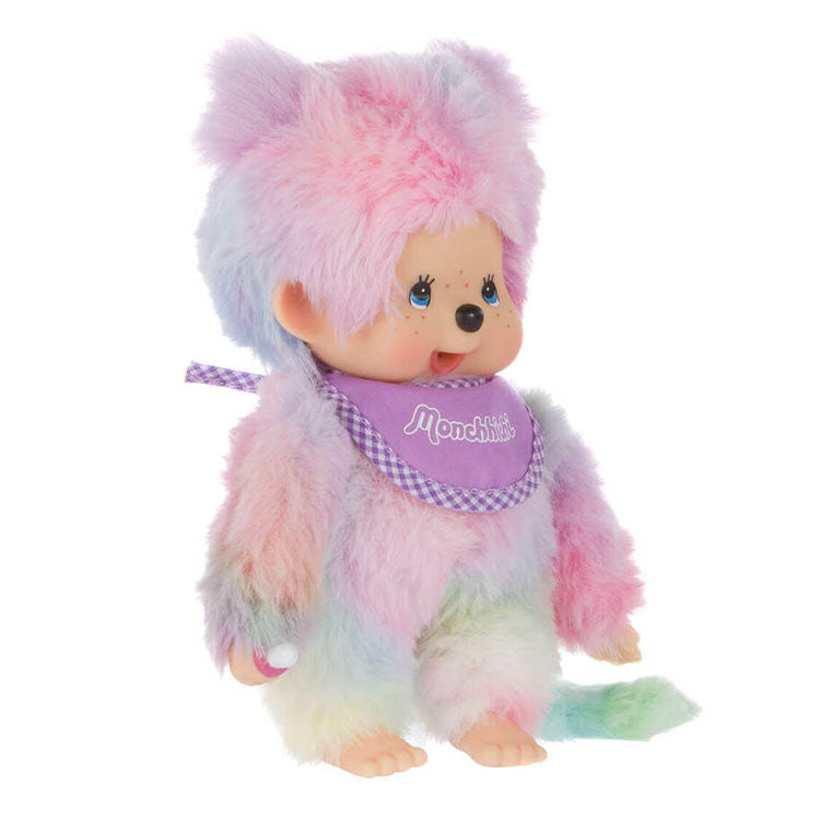 Sekiguchi Monchhichi 8 inch tie-dye girl plush doll with soft fur and purple bib sitting on white background