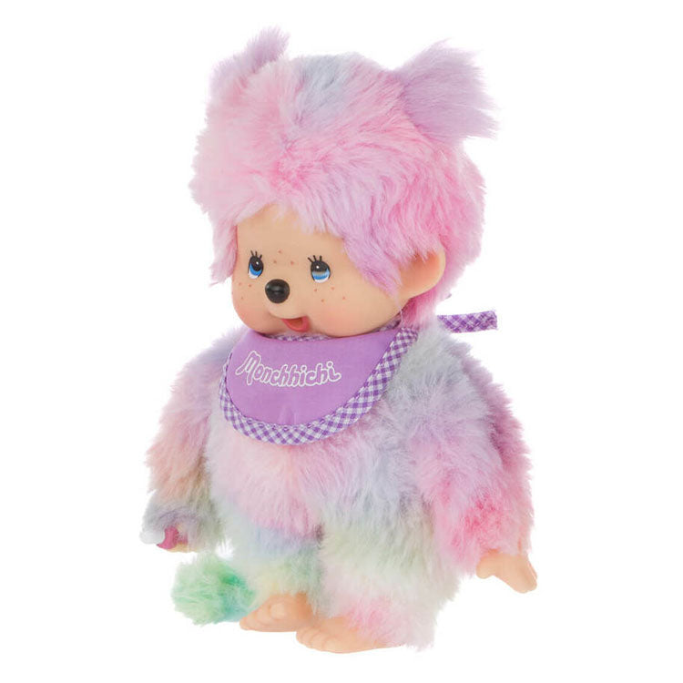Sekiguchi Monchhichi 8 inch plush doll with pastel tie-dye fur and purple bib on white background