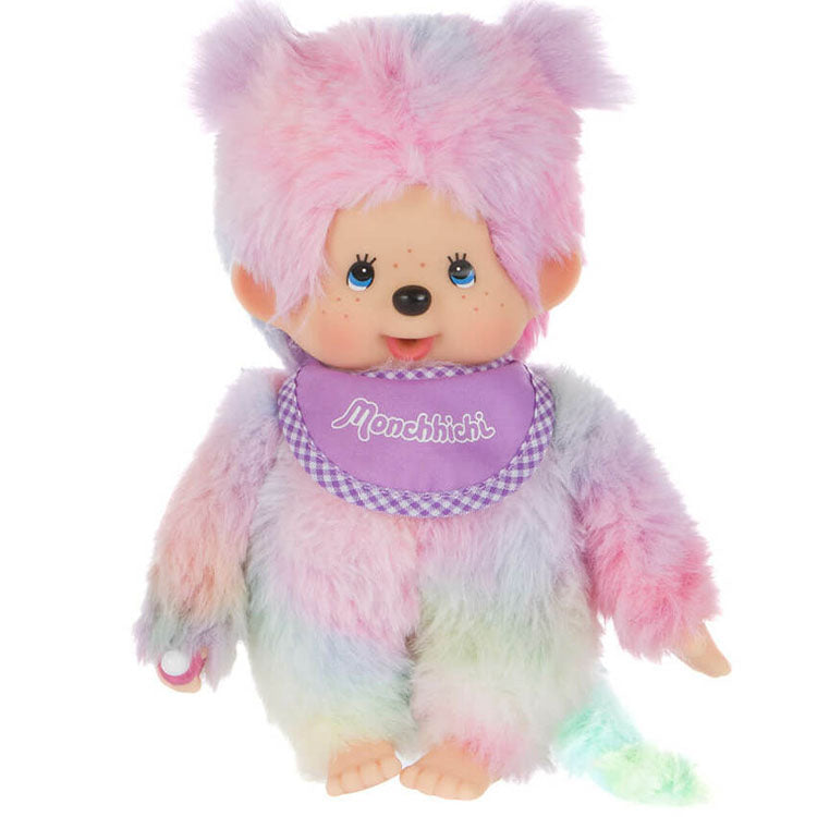 Sekiguchi Monchhichi plush doll with pastel tie-dye fur and purple bib featuring Monchhichi logo, 8 inches tall