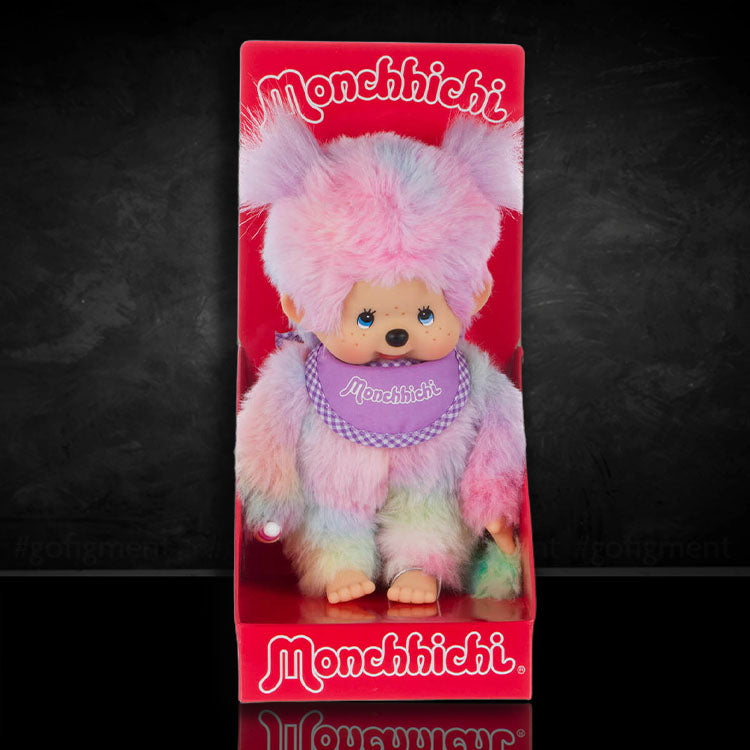 Sekiguchi Monchhichi tie-dye girl plush doll in colorful soft fur with a purple bib in retail packaging