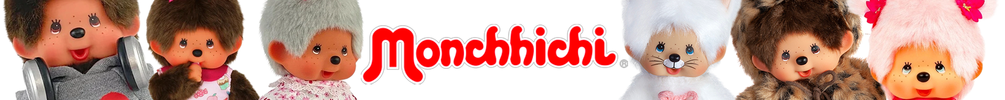 Monchhichi logo beside a row of plush dolls with varied hairstyles and outfits