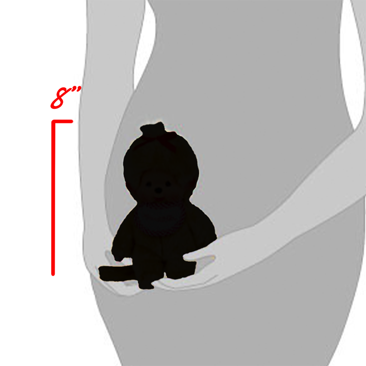 Sekiguchi Monchhichi Girl plush monkey in pink bathrobe holding thumb with soft fur 8 inch size shown with figure