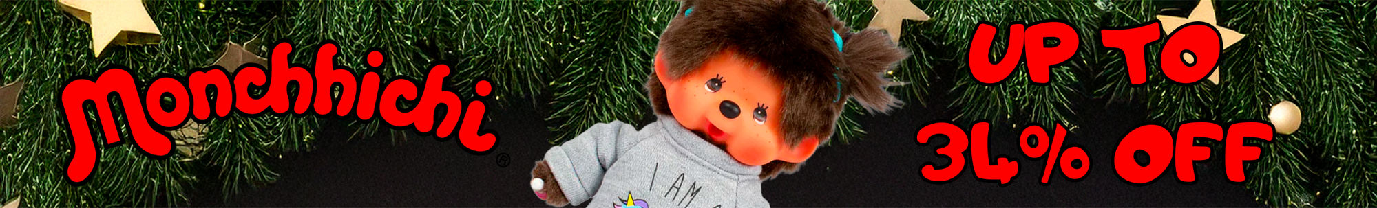 Monchhichi doll with brown hair and blue star background with holiday pine branches and red sale text