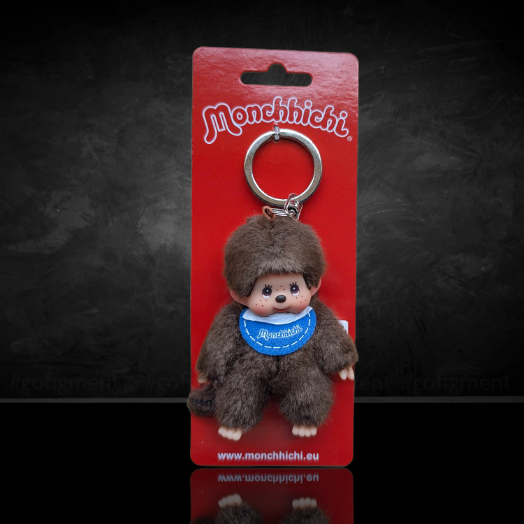 Sekiguchi Monchhichi classic 4-inch plush keychain boy with blue bib on red backing card