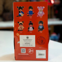 Sekiguchi Monchhichi plush collection box back featuring six small character designs on red background