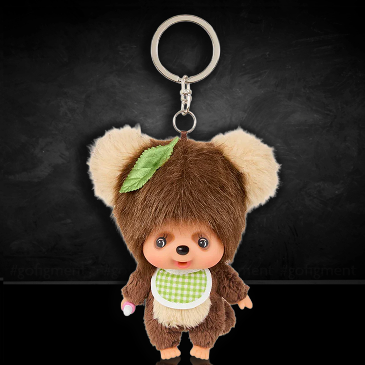 Sekiguchi Monchhichi Tanu Tanu keychain plush in tanuki costume with soft fur and vinyl face on metal ring