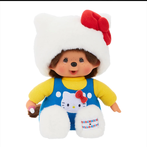 Monchhichi plush wearing Hello Kitty hood and blue overalls with red bow by Sekiguchi, 7.8 inches tall collectible.