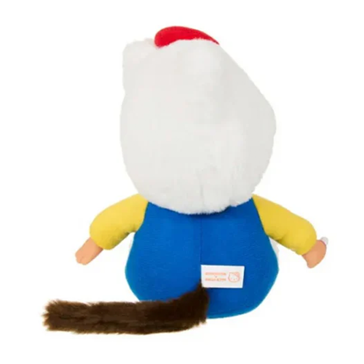 Back view of Monchhichi plush in Hello Kitty hood with blue overalls and brown tail by Sekiguchi.
