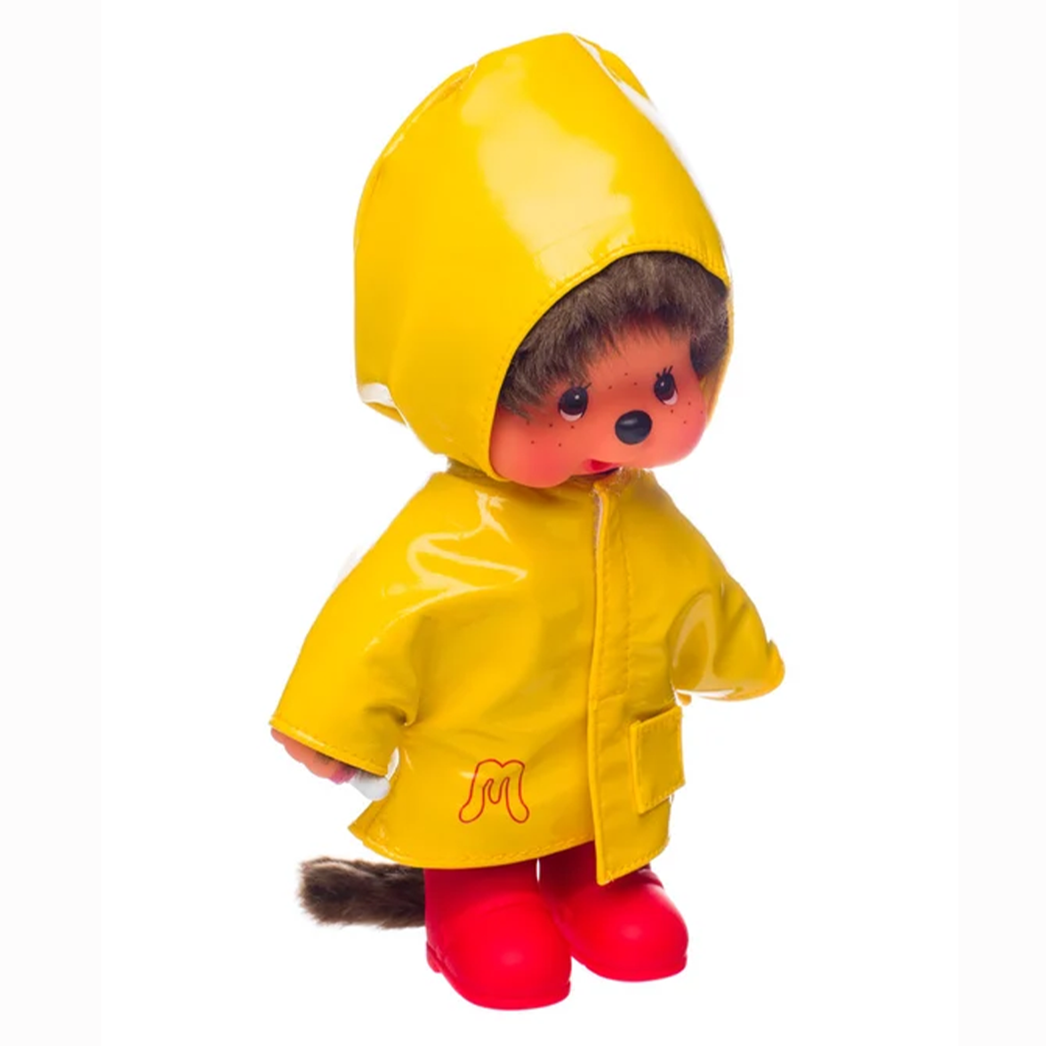 8" Monchhichi Yellow Raincoat Sekiguchi Plush Doll Boy with Brown Eyes