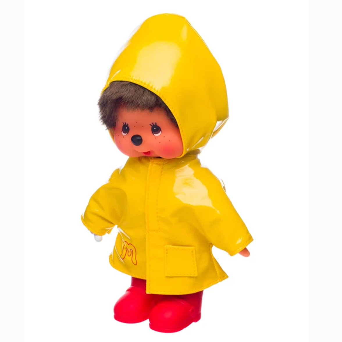 8" Monchhichi Yellow Raincoat Sekiguchi Plush Doll Boy with Brown Eyes