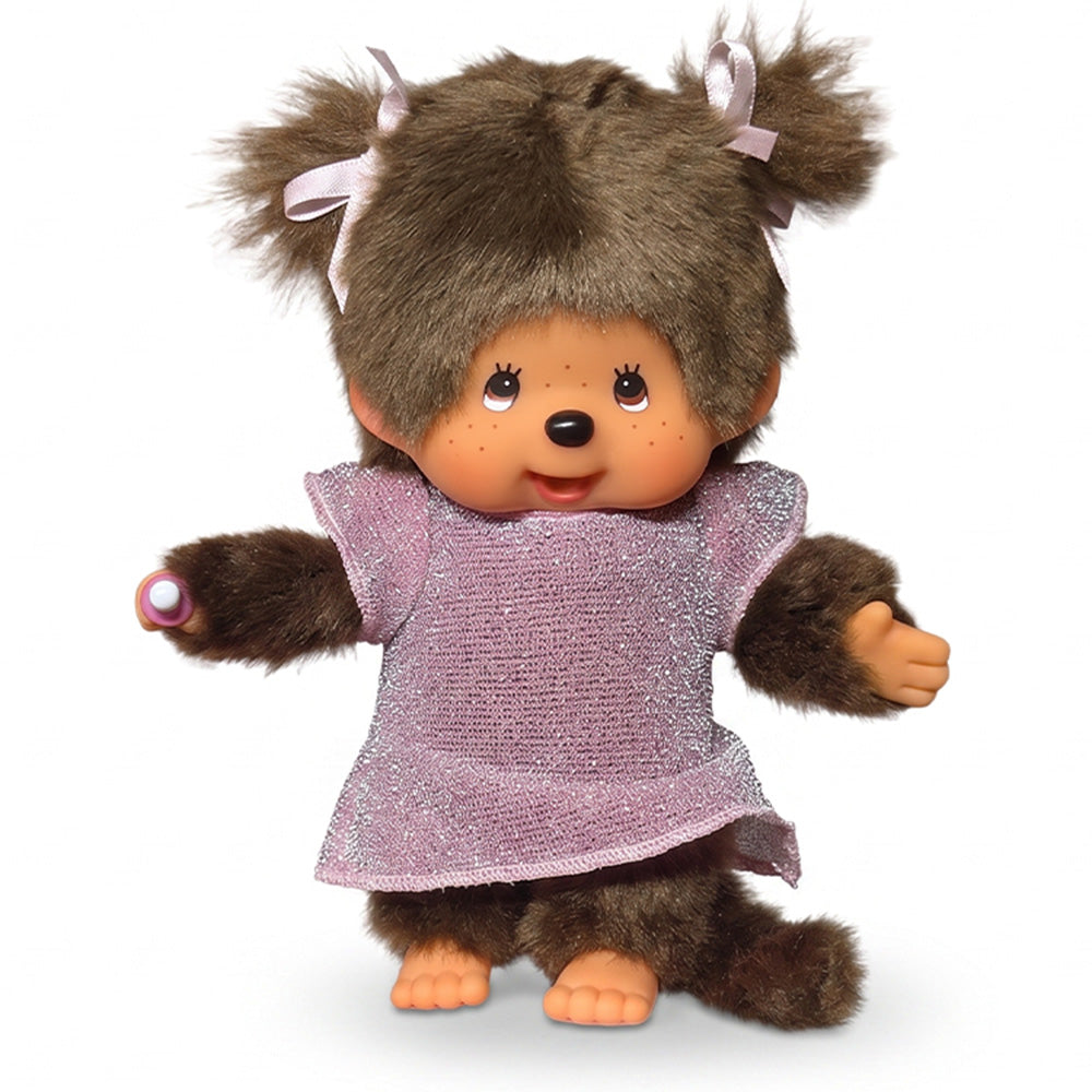 8" Monchhichi Classic Brown Girl in Pink Glitter Dress With Brown Eyes and Pigtails
