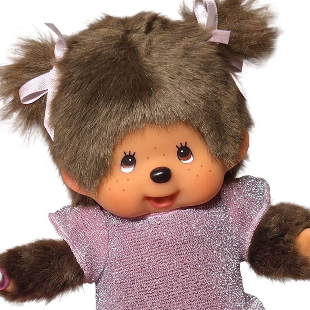 8" Monchhichi Classic Brown Girl in Pink Glitter Dress With Brown Eyes and Pigtails