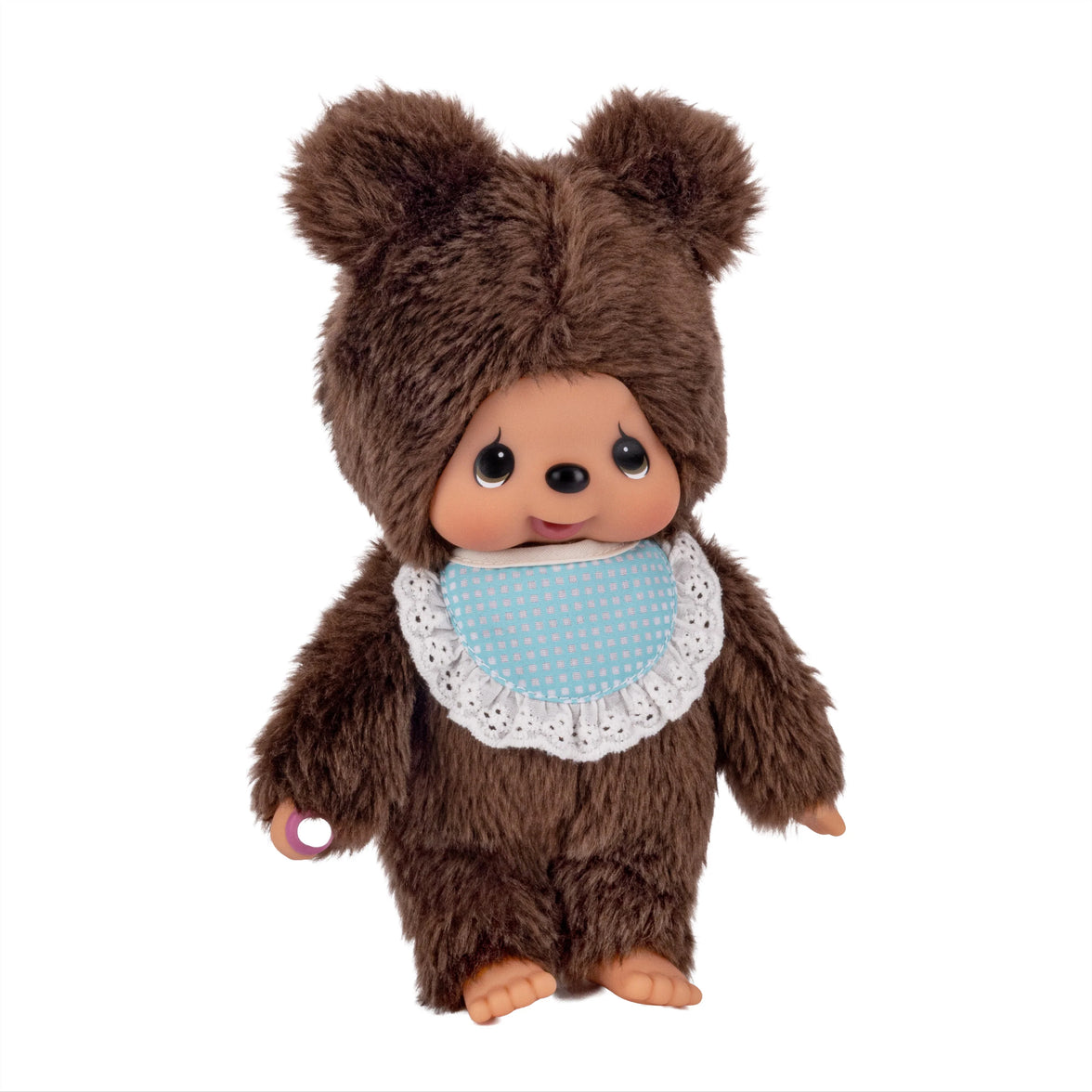 Brown bear plush doll wearing a blue polka-dot bib and white lace collar