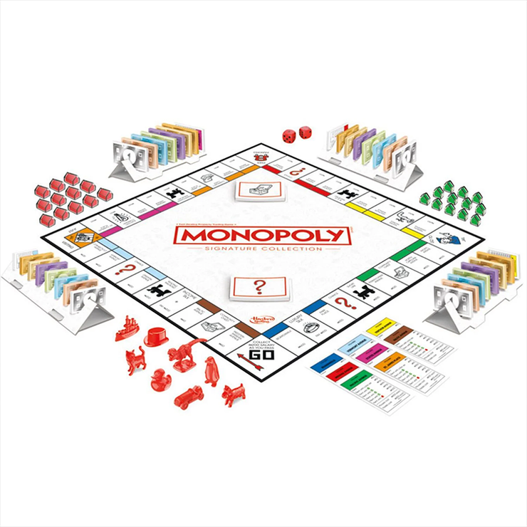 Monopoly Signature Collection by Hasbro displayed with premium wooden pieces, dice, cards, and deluxe bank tray on white background