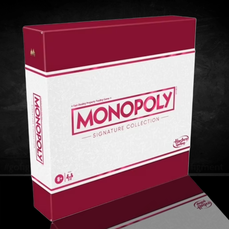 Hasbro Monopoly Signature Collection Premium Edition board game box with elegant white and red design