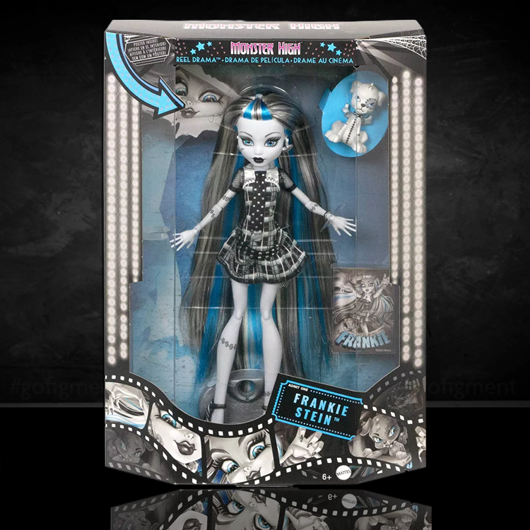 Mattel Monster High Frankie Stein Doll in theatrical black and white style from Reel Drama collection in packaging