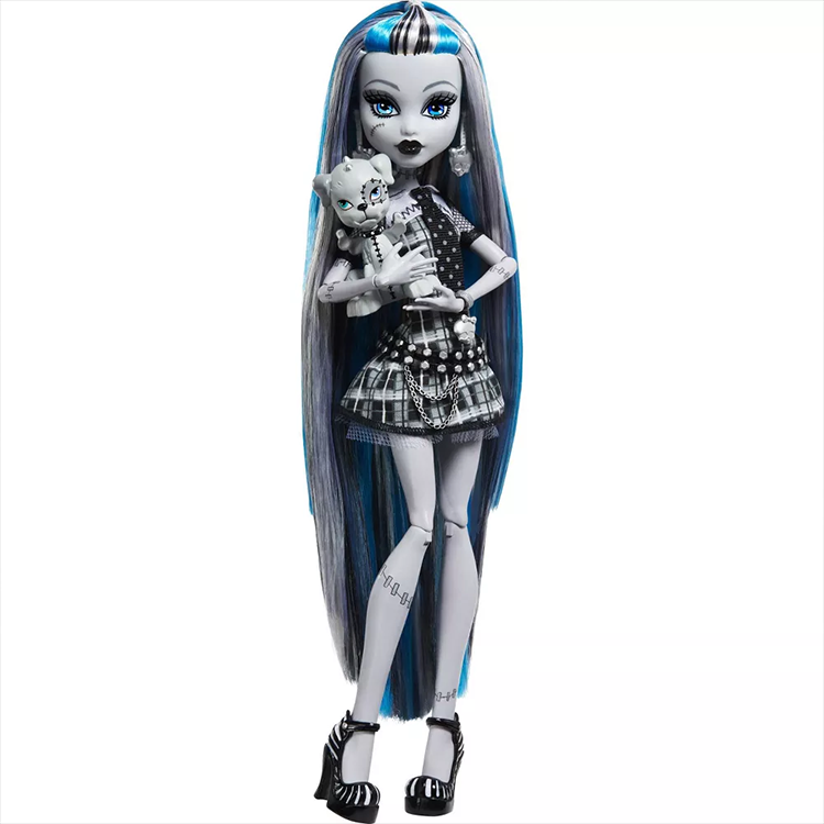 Monster High Reel Drama Frankie Stein doll by Mattel with long blue-black hair and holding her dog Watzie