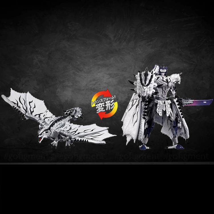 Silver Rathalos Prime figure by Hasbro transforming between wyvern and robot modes on dark background