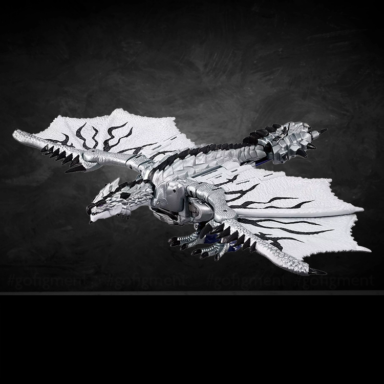 Silver Rathalos Prime figure in detailed wyvern monster mode with silver and black markings and articulated wings.