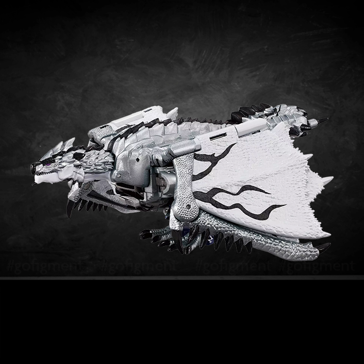 Silver Rathalos Prime figure in wyvern mode with silver and white details against dark background