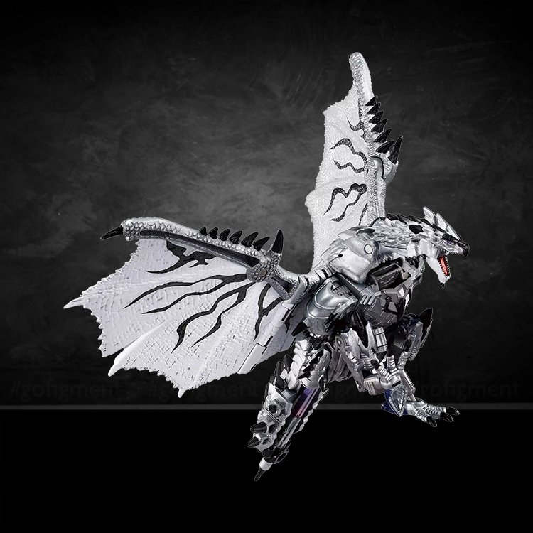 Silver Rathalos Prime action figure in wyvern mode with silver and black detailing against dark background