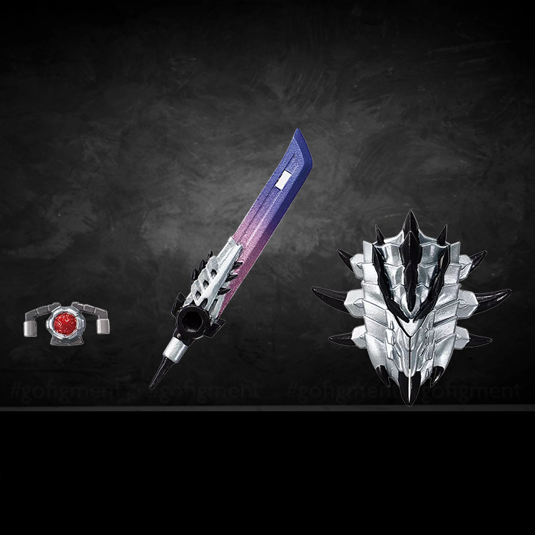 Silver Rathalos Prime figure accessories including sword, mask, and collaboration matrix from GoFigment collectible set