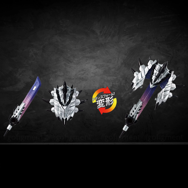 Silver Charge Blade weapon from GoFigment Silver Rathalos Prime figure in sword and axe modes displayed against black background