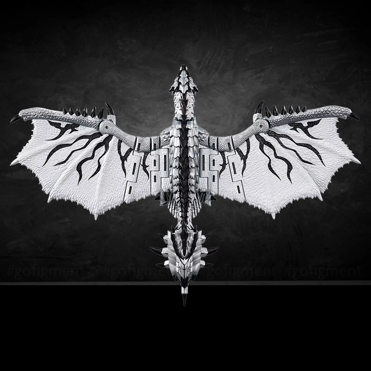 Silver Rathalos Prime figure in wyvern mode with outstretched wings showcasing detailed silver and black design.