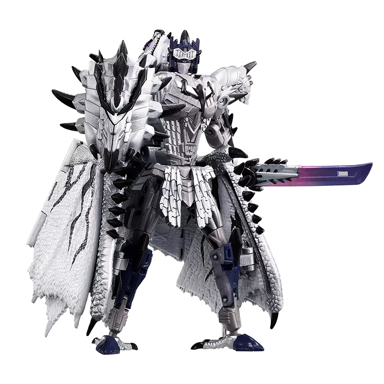 Silver Rathalos Prime action figure in detailed silver armor holding a gradient blade weapon, posed ready for battle.