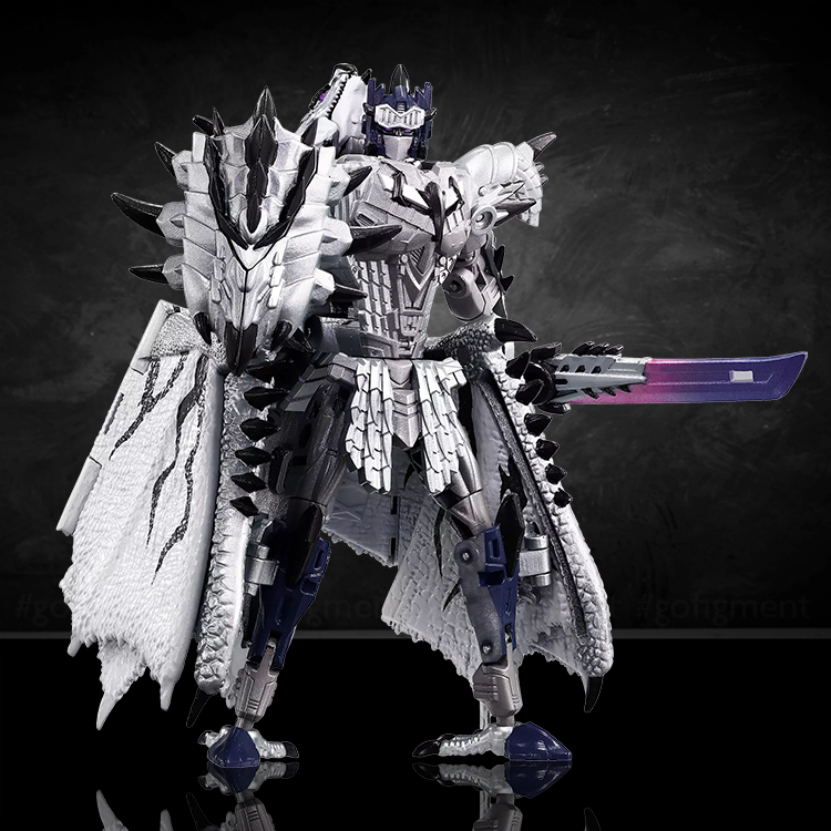 Silver Rathalos Prime action figure in robot mode with detailed armor and sword on black background