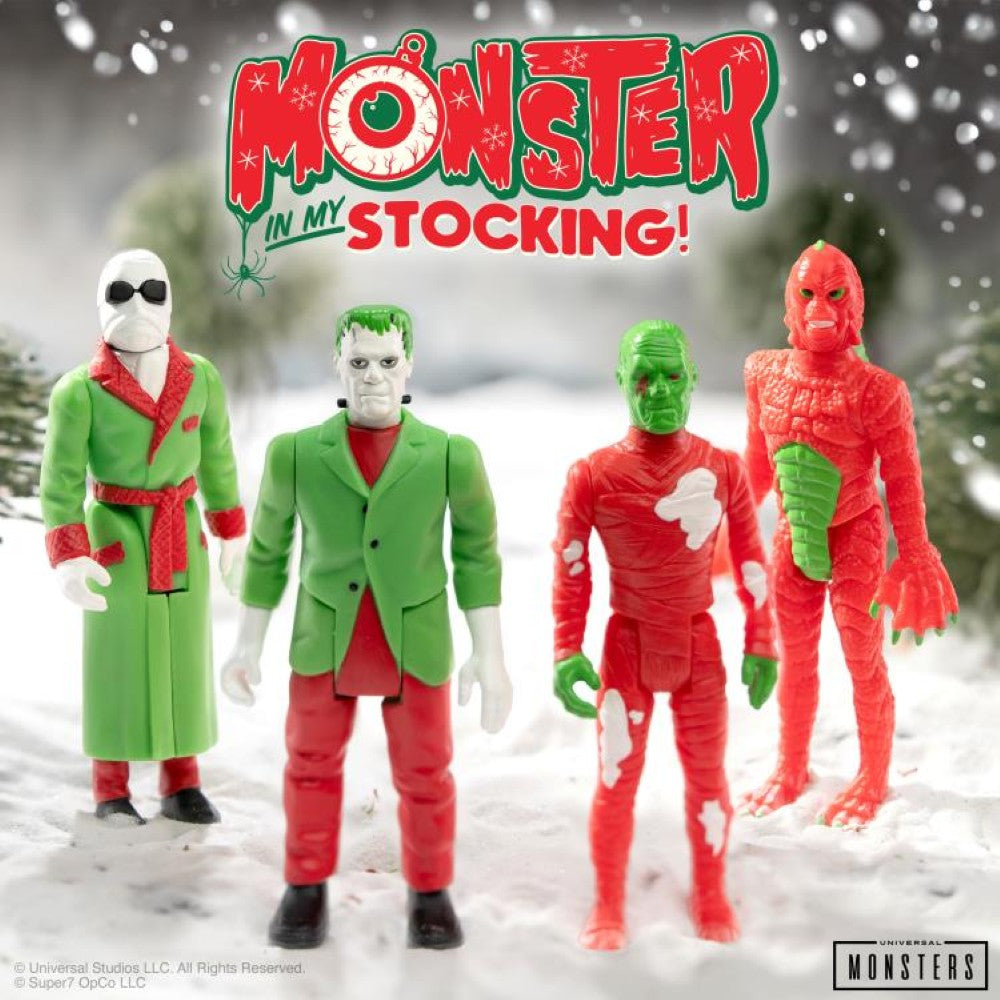 Hasbro Universal Monsters ReAction action figures dressed in holiday attire on snowy background with Monster in My Stocking logo