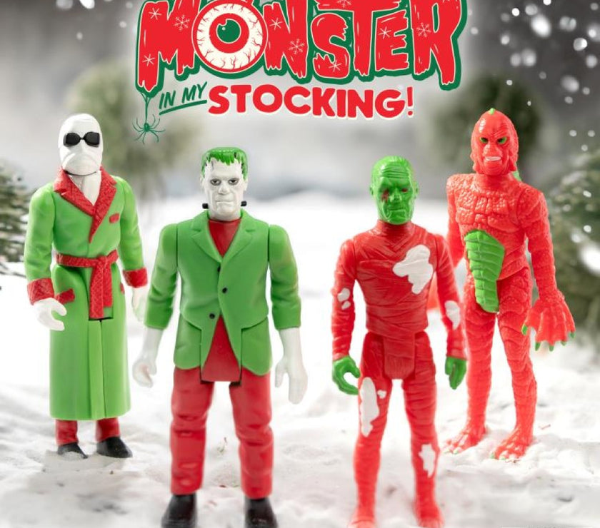 Hasbro Universal Monsters ReAction action figures dressed in holiday attire on snowy background with Monster in My Stocking logo